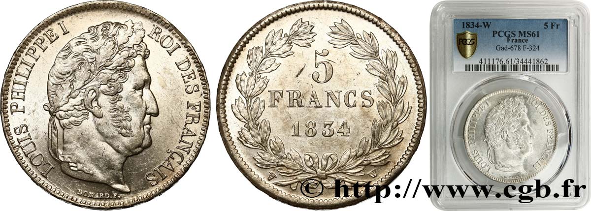 5 francs IIe type Domard 1834 Lille F.324/41 MS61 PCGS