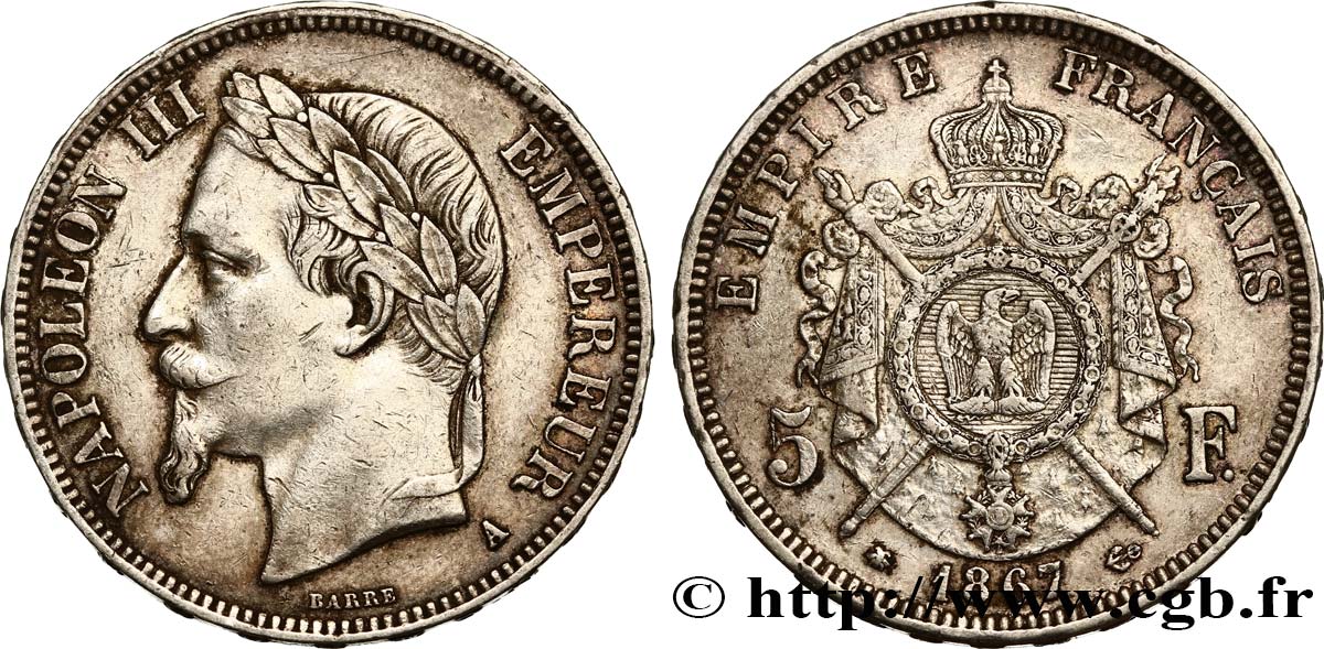 5 francs Napoléon III, tête laurée 1867 Paris F.331/10 MBC45 