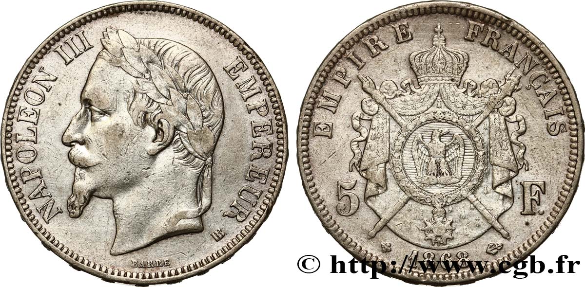5 francs Napoléon III, tête laurée 1868 Strasbourg F.331/13 TTB45 