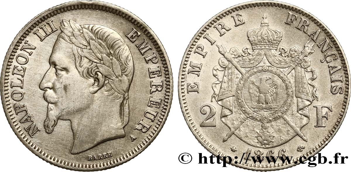 2 francs Napoléon III, tête laurée 1866 Paris F.263/2 XF45 