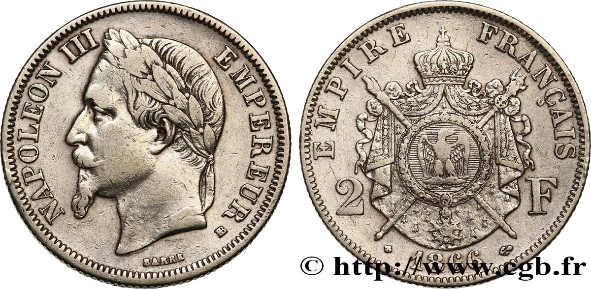 2 francs Napoléon III, tête laurée 1866 Strasbourg F.263/3 XF42 
