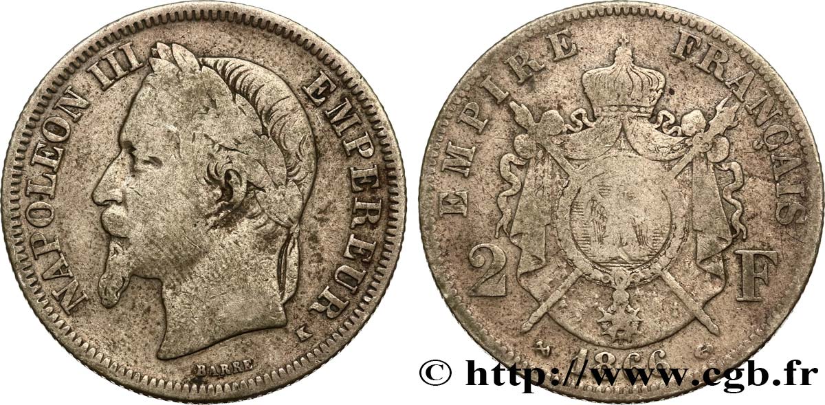 2 francs Napoléon III, tête laurée 1866 Bordeaux F.263/4 MB25 