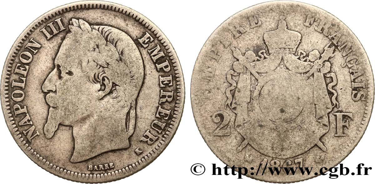 2 francs Napoléon III, tête laurée 1867 Bordeaux F.263/7 SGE12 