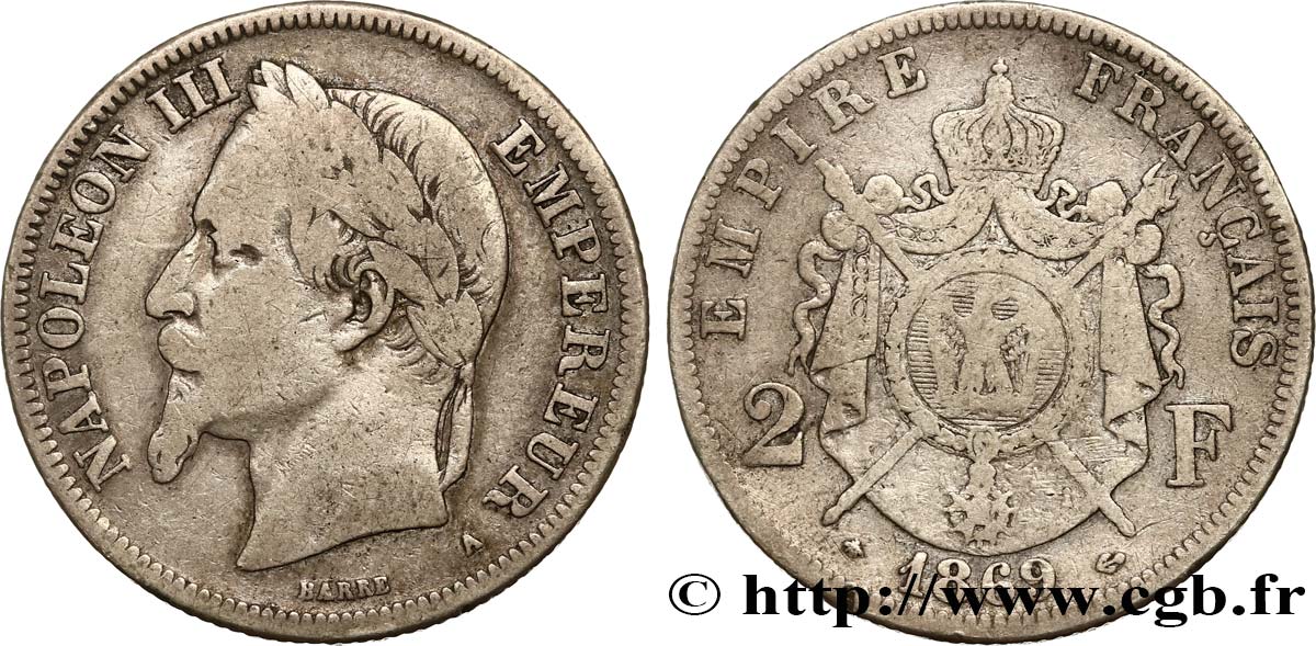 2 francs Napoléon III, tête laurée  1869 Paris F.263/10 VF25 