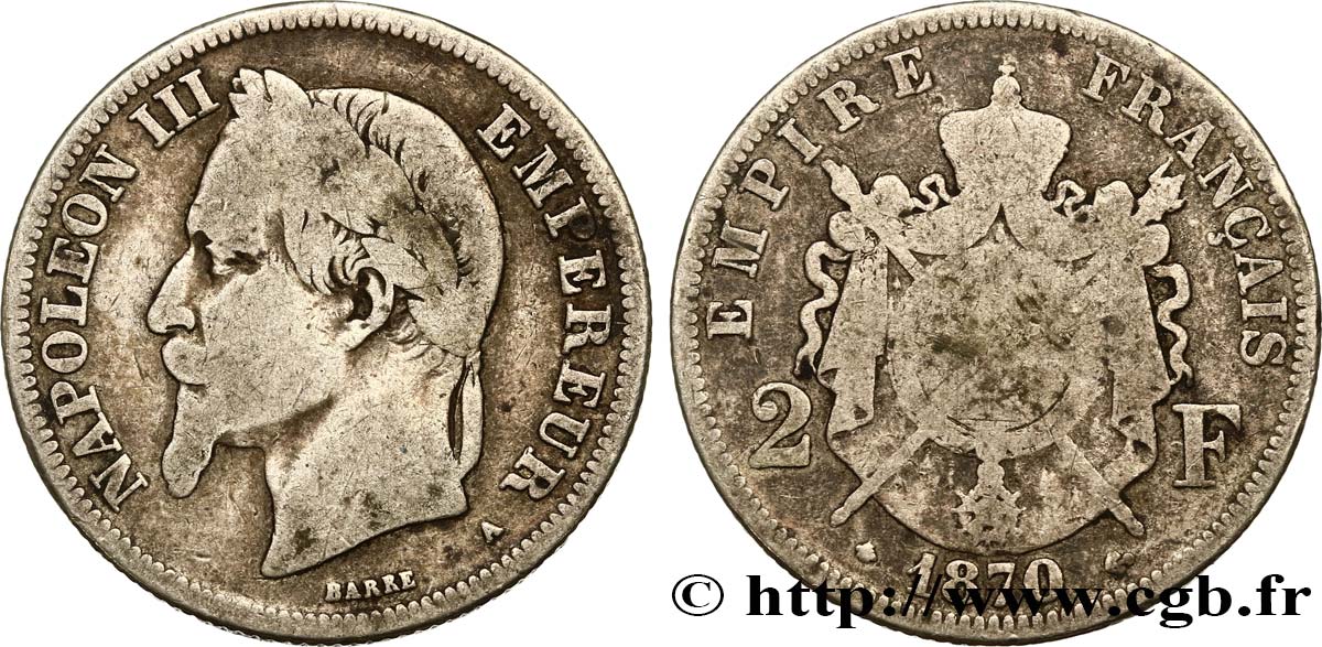 2 francs Napoléon III, tête laurée 1870 Paris F.263/12 SGE12 
