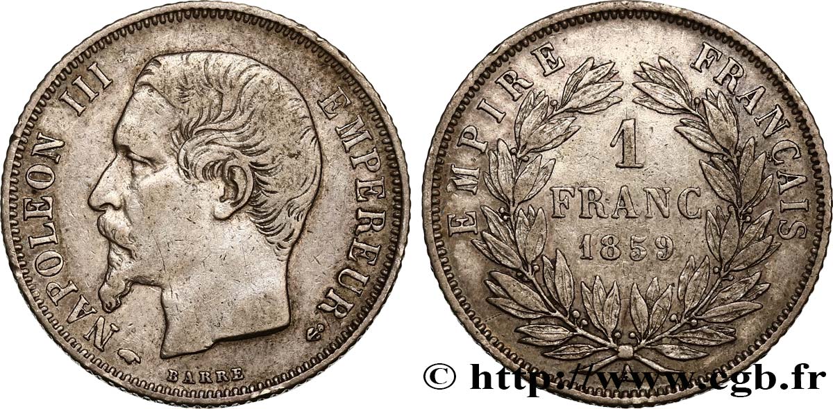 1 franc Napoléon III, tête nue 1859 Paris F.214/12 BB40 