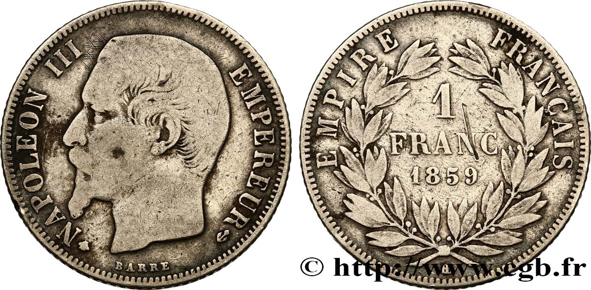 1 franc Napoléon III, tête nue  1859 Strasbourg F.214/13 TB20 