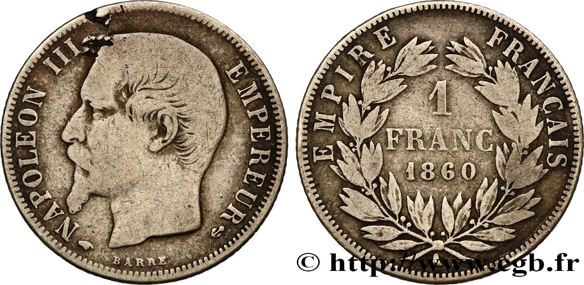 1 franc Napoléon III, tête nue 1860 Paris F.214/14 fS 
