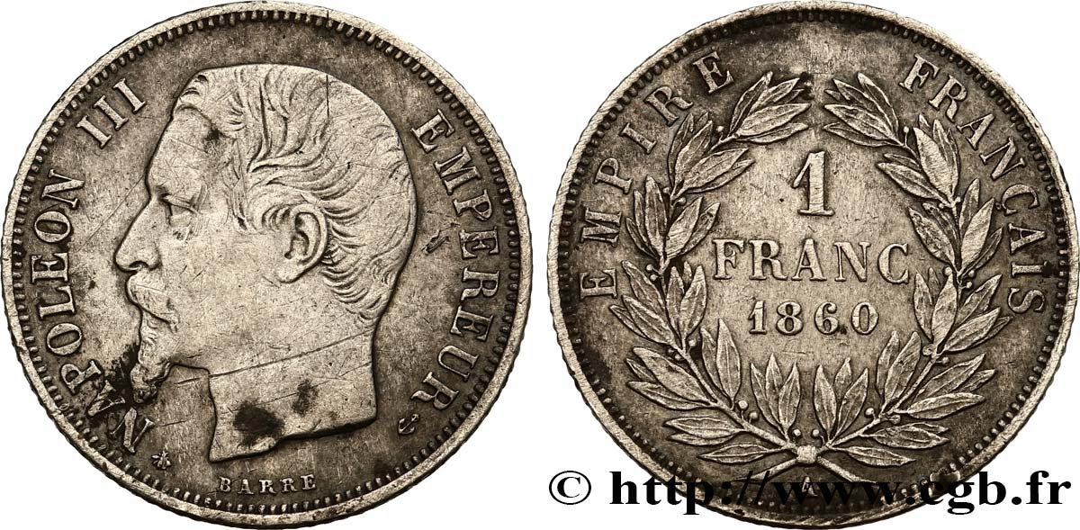 1 franc Napoléon III, tête nue, différent abeille 1860 Paris F.214/15 XF 
