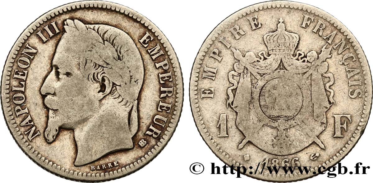 1 franc Napoléon III, tête laurée 1866 Strasbourg F.215/4 SGE12 