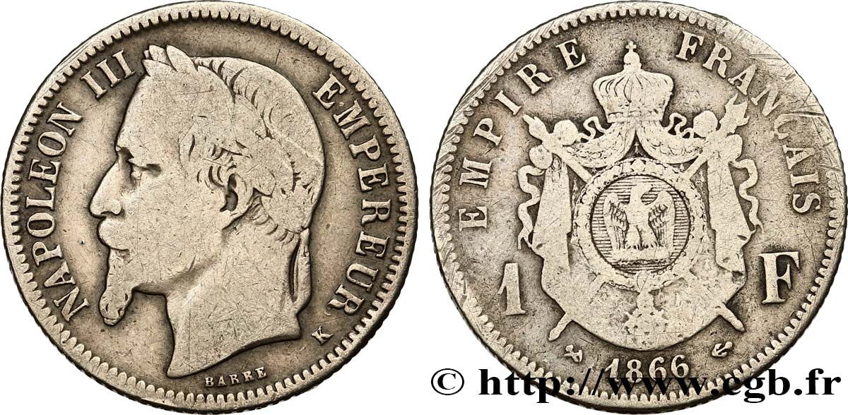 1 franc Napoléon III, tête laurée 1866 Bordeaux F.215/5 S15 
