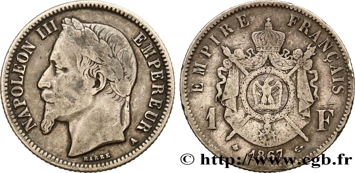 1 franc Napoléon III, tête laurée 1867 Paris F.215/6 TB25 