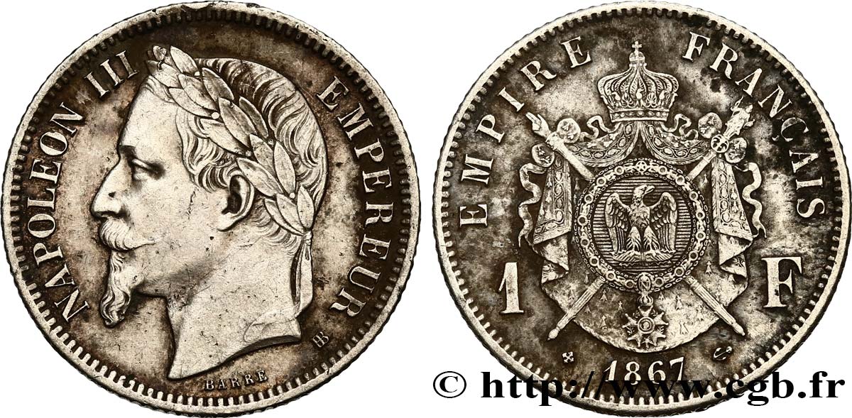 1 franc Napoléon III, tête laurée 1867 Strasbourg F.215/7 TTB52 