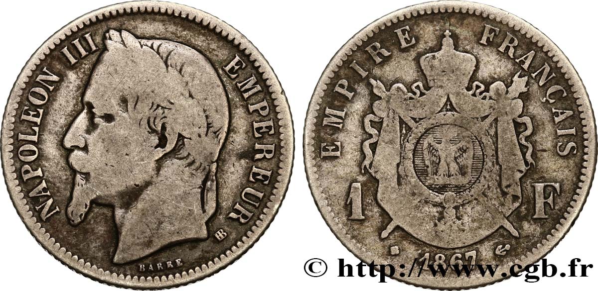 1 franc Napoléon III, tête laurée 1867 Strasbourg F.215/7 S15 