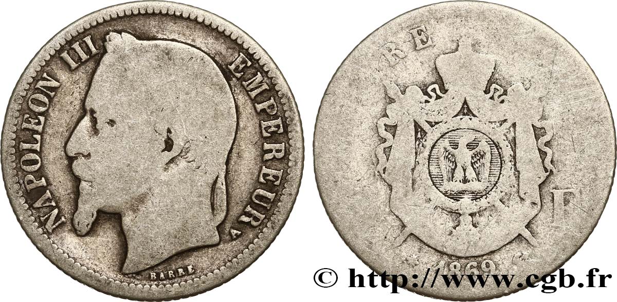 1 franc Napoléon III, tête laurée 1869 Paris F.215/14 VG10 
