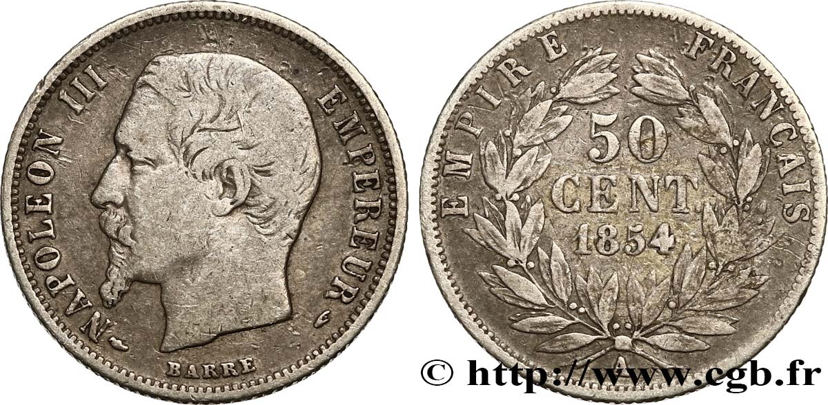 50 centimes Napoléon III, tête nue 1854 Paris F.187/2 TB30 