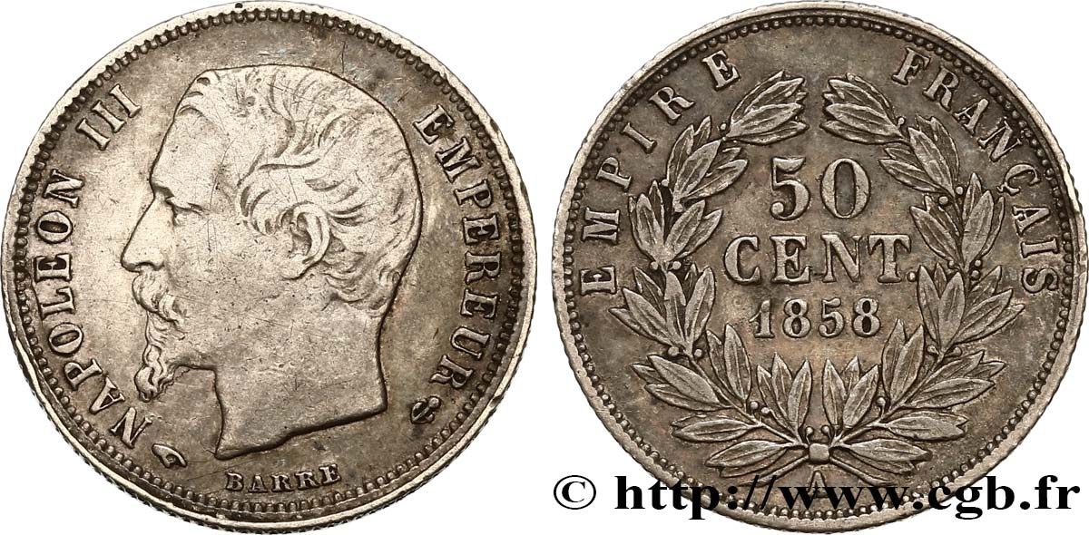 50 centimes Napoléon III, tête nue 1858 Paris F.187/9 XF45 