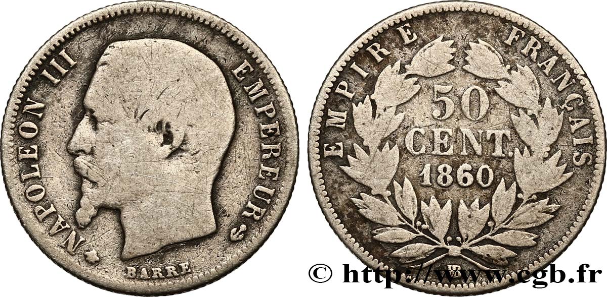 50 centimes Napoléon III, tête nue 1860 Strasbourg F.187/14 BC15 