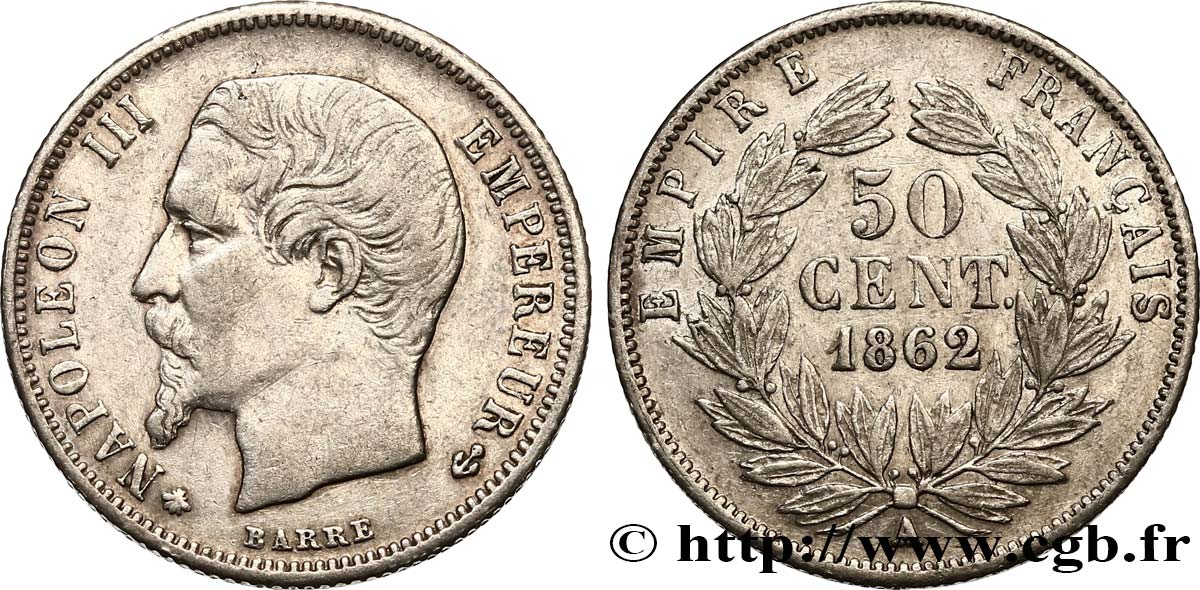 50 centimes Napoléon III, tête nue 1862 Paris F.187/16 XF48 