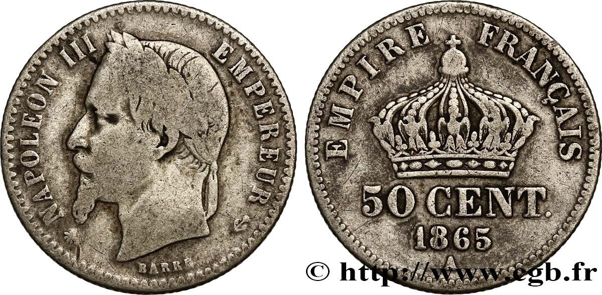 50 centimes Napoléon III, tête laurée 1865 Paris F.188/5 S25 