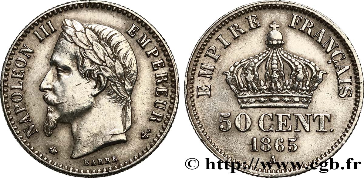50 centimes Napoléon III, tête laurée 1865 Paris F.188/6 AU52 