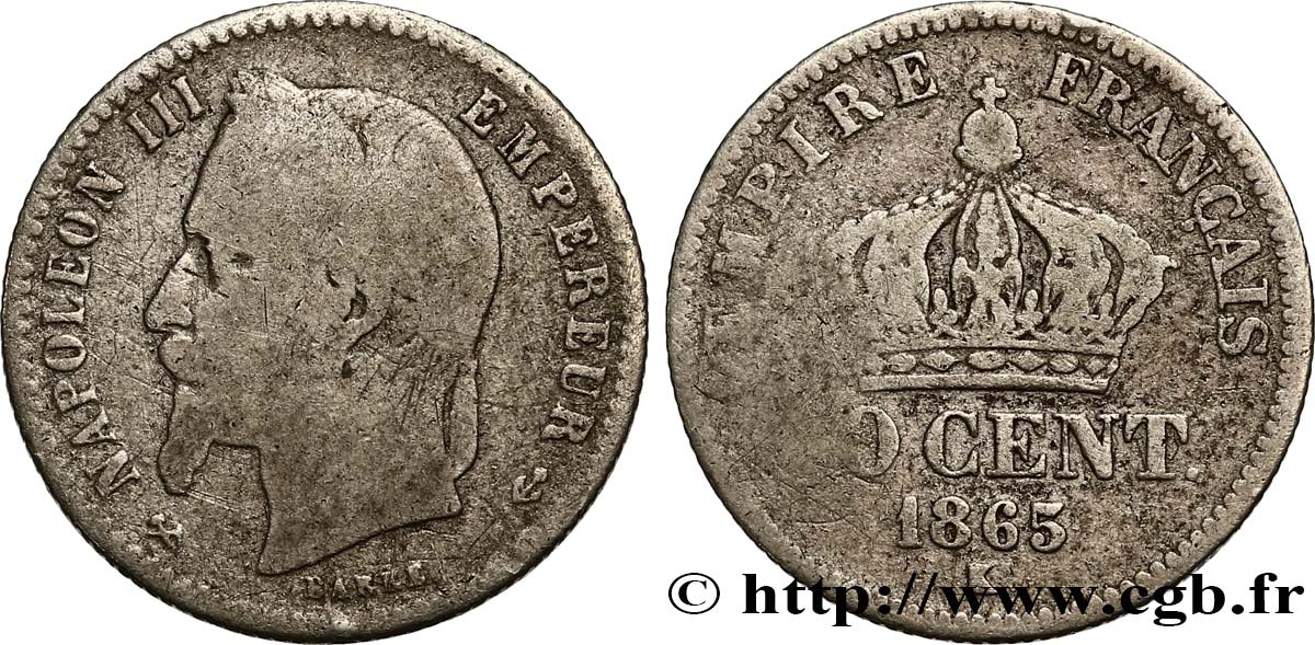 50 centimes Napoléon III, tête laurée 1865 Bordeaux F.188/8 VG10 