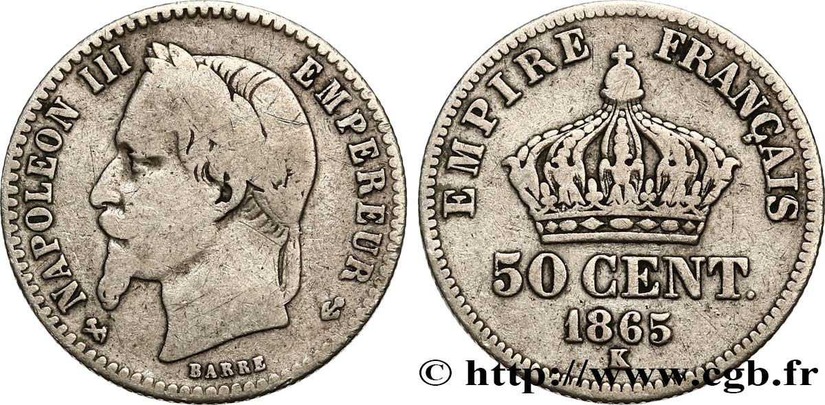50 centimes Napoléon III, tête laurée 1865 Bordeaux F.188/8 S15 