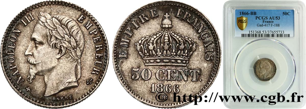 50 centimes Napoléon III, tête laurée 1866 Strasbourg F.188/10 BB53 PCGS