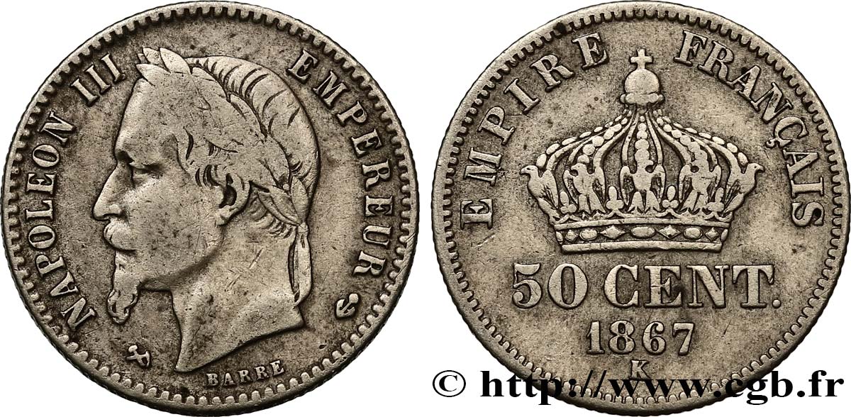 50 centimes Napoléon III, tête laurée 1867 Bordeaux F.188/19 TB35 