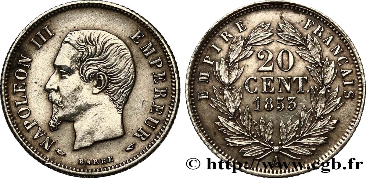 20 centimes Napoléon III, tête nue 1853 Paris F.148/1 TTB52 