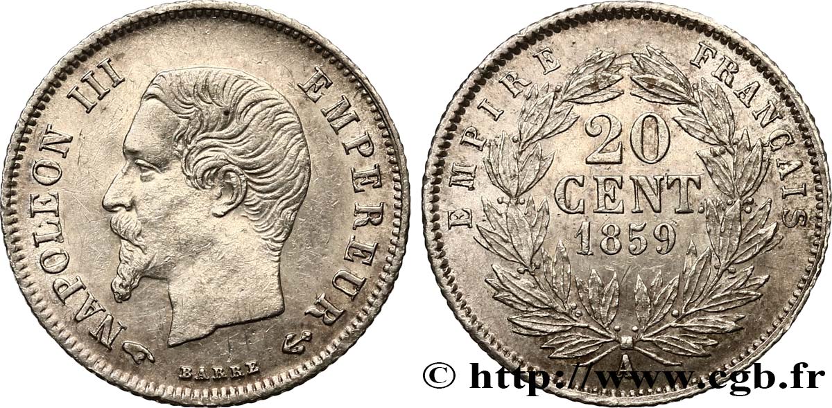 20 centimes Napoléon III, tête nue 1859 Paris F.148/12 SPL55 