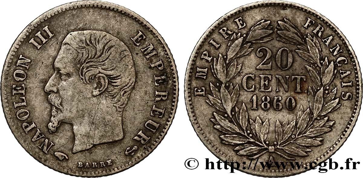20 centimes Napoléon III, tête nue 1860 Paris F.148/13 XF45 