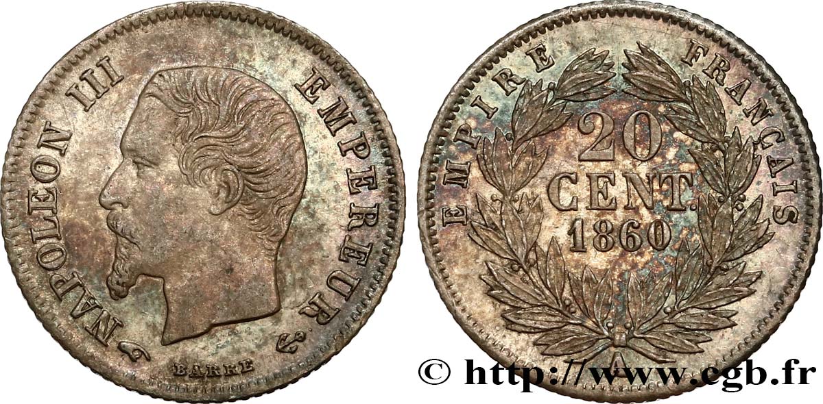 20 centimes Napoléon III, tête nue 1860 Paris F.148/14 EBC55 