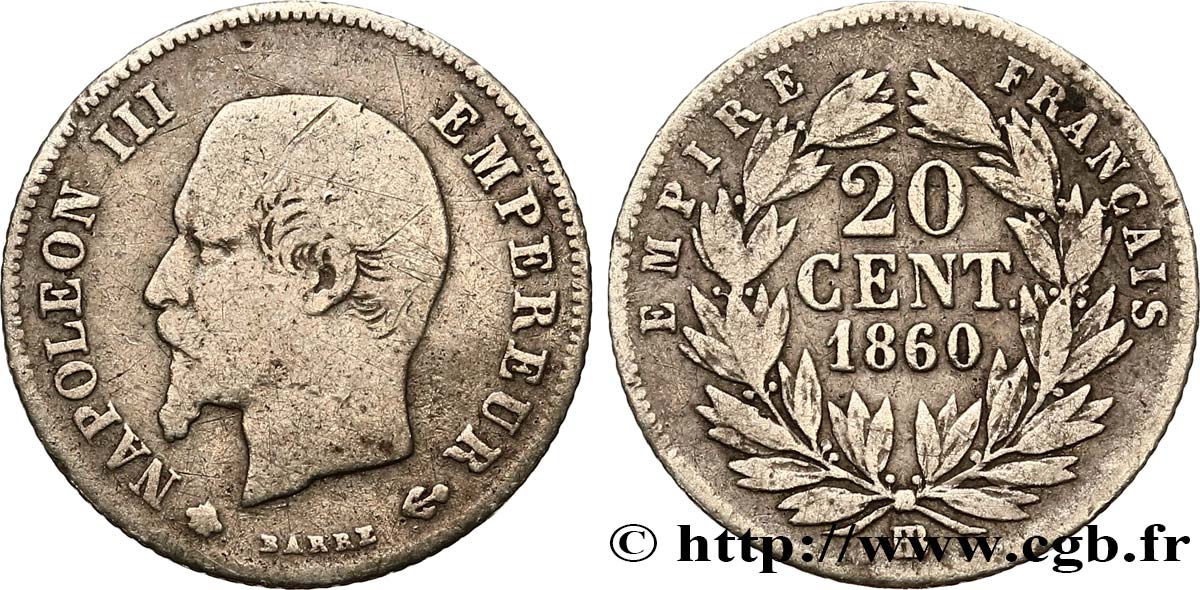 20 centimes Napoléon III, tête nue 1860 Strasbourg F.148/16 TB20 