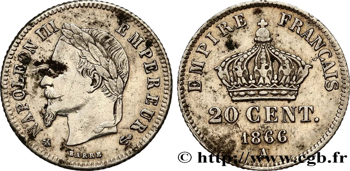 20 centimes Napoléon III, tête laurée, petit module 1866 Paris F.149/4 MBC 