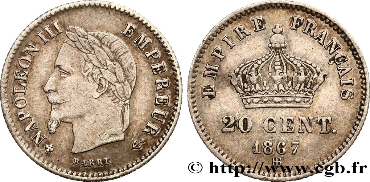 20 centimes Napoléon III, tête laurée, grand module 1867 Strasbourg F.150/2 AU50 