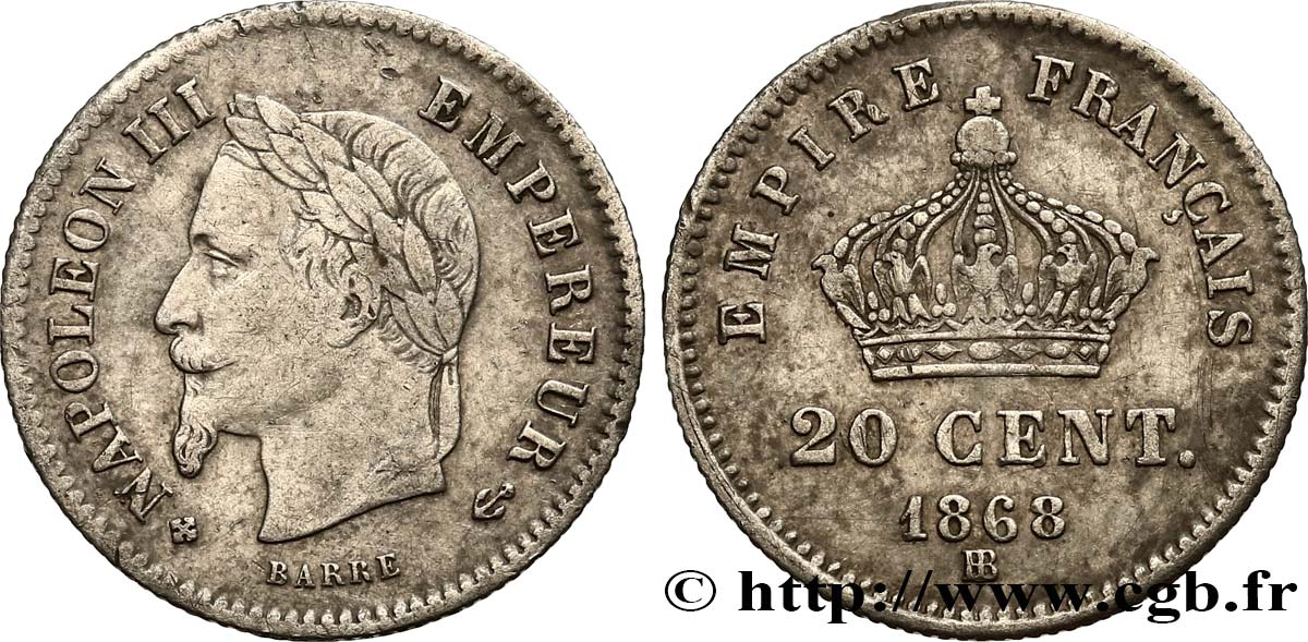 20 centimes Napoléon III, tête laurée, grand module 1868 Strasbourg F.150/5 MBC45 
