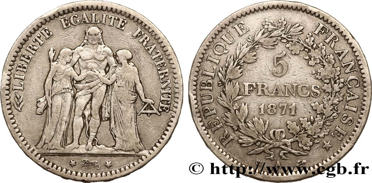 5 francs Hercule, dite “Camélinat” 1871 Paris F.334/3 VF25 