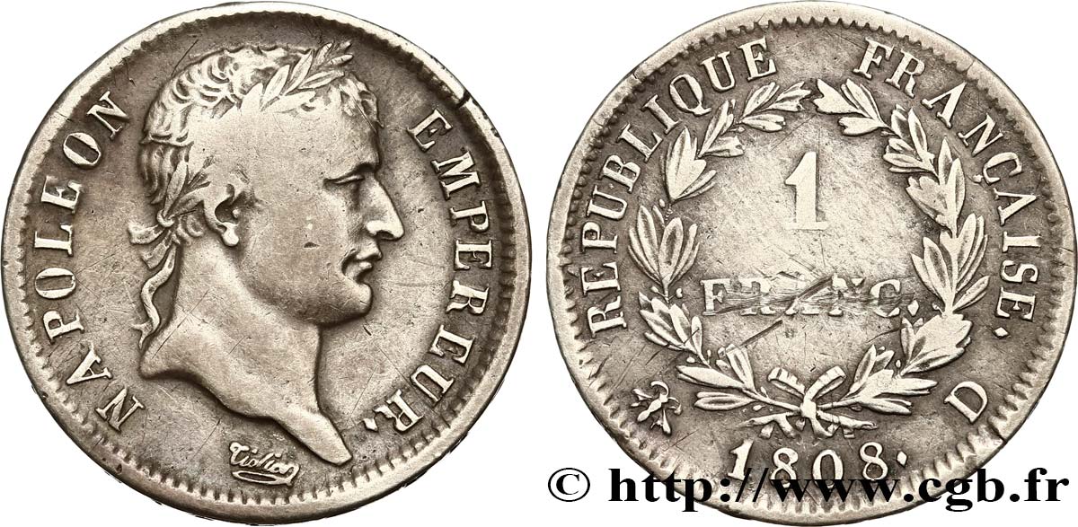 1 franc Napoléon Ier tête laurée, République française 1808 Lyon F.204/5 BC 