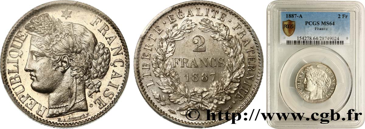 2 francs Cérès, avec légende 1887 Paris F.265/13 MS64 PCGS