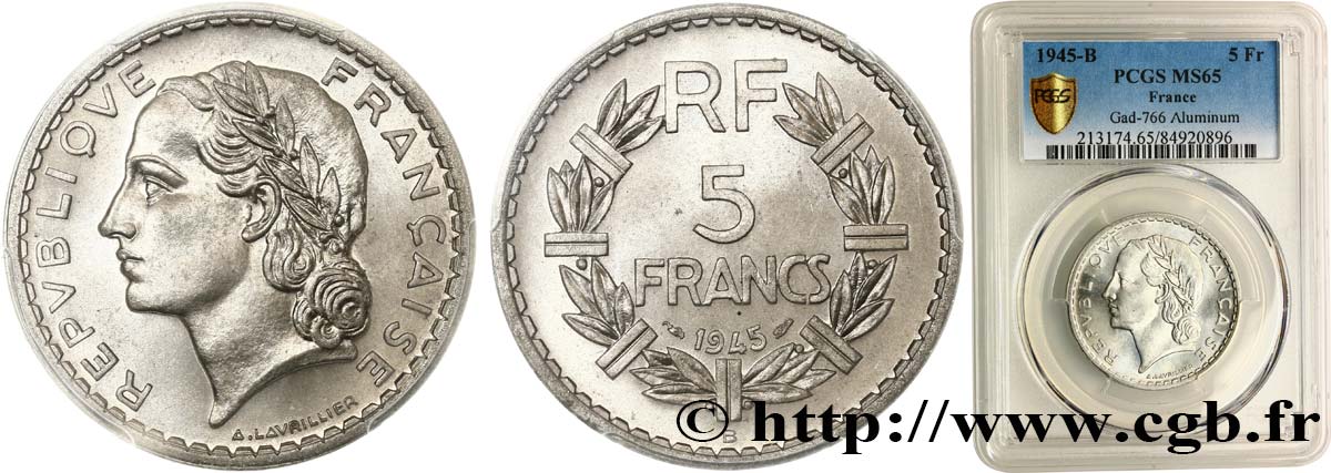 5 francs Lavrillier, aluminium 1945 Beaumont-Le-Roger F.339/4 FDC65 PCGS