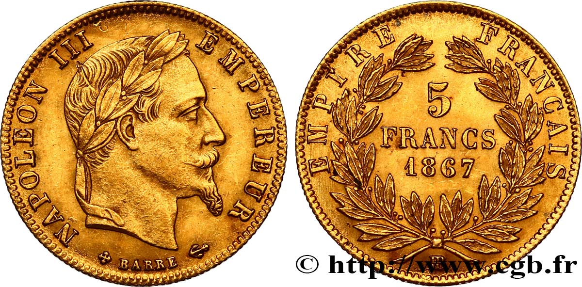 5 francs or Napoléon III, tête laurée 1867 Strasbourg F.502/12 EBC+ 