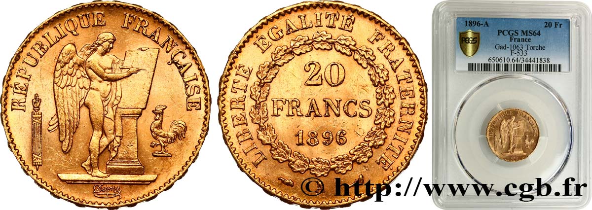 20 francs or Génie, Troisième République, différent torche 1896 Paris F.533/21 SC64 PCGS