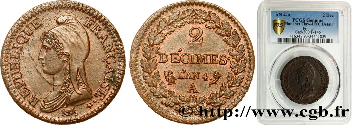 2 décimes Dupré 1796 Paris F.145/1 fST PCGS