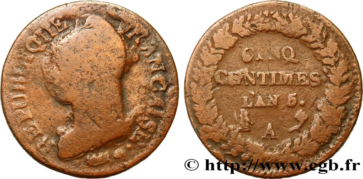 Cinq centimes Dupré, grand module,  refrappage  du décime 1797 Paris F.114/1 BC20 