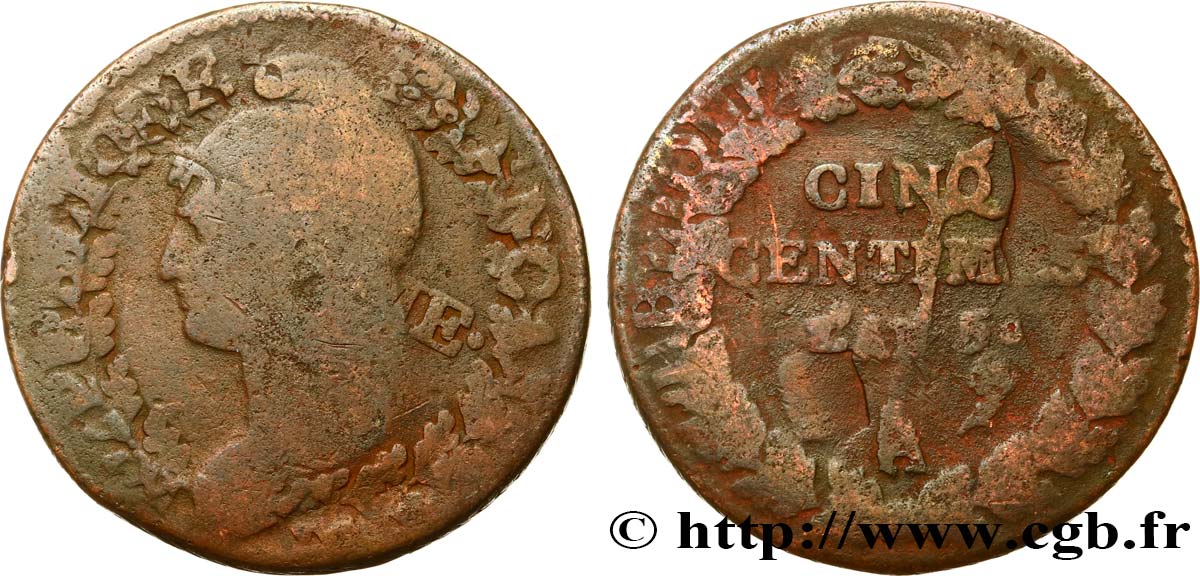 Cinq centimes Dupré, grand module,  refrappage  du décime 1797 Paris F.114/1 MB20 