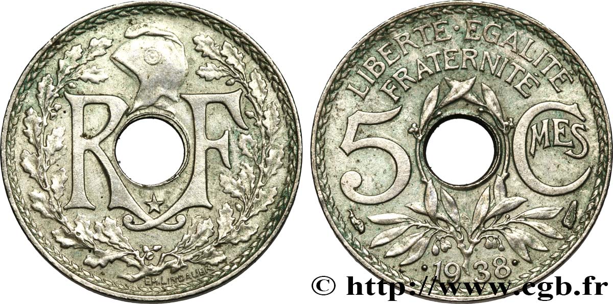 5 centimes Lindauer, maillechort, avec étoile 1938  F.123/1 AU52 