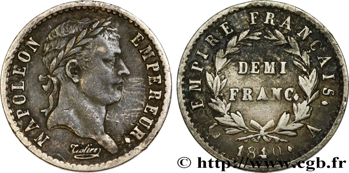 Demi-franc Napoléon Ier tête laurée, Empire français 1810 Paris F.178/10 TB+ 