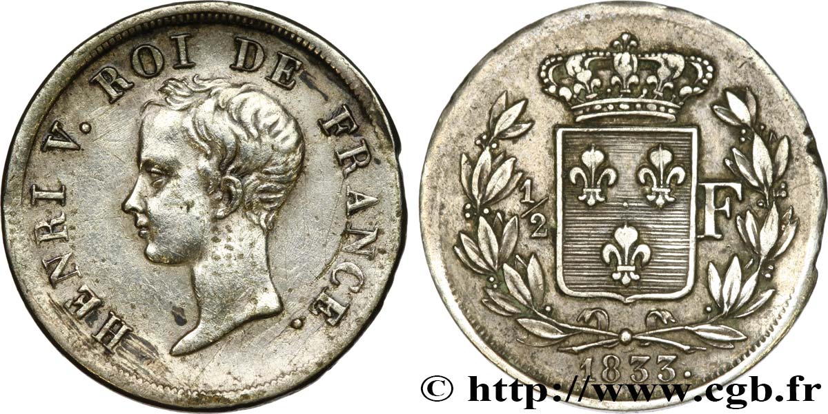 1/2 franc, buste juvénile 1833  VG.2713  XF 