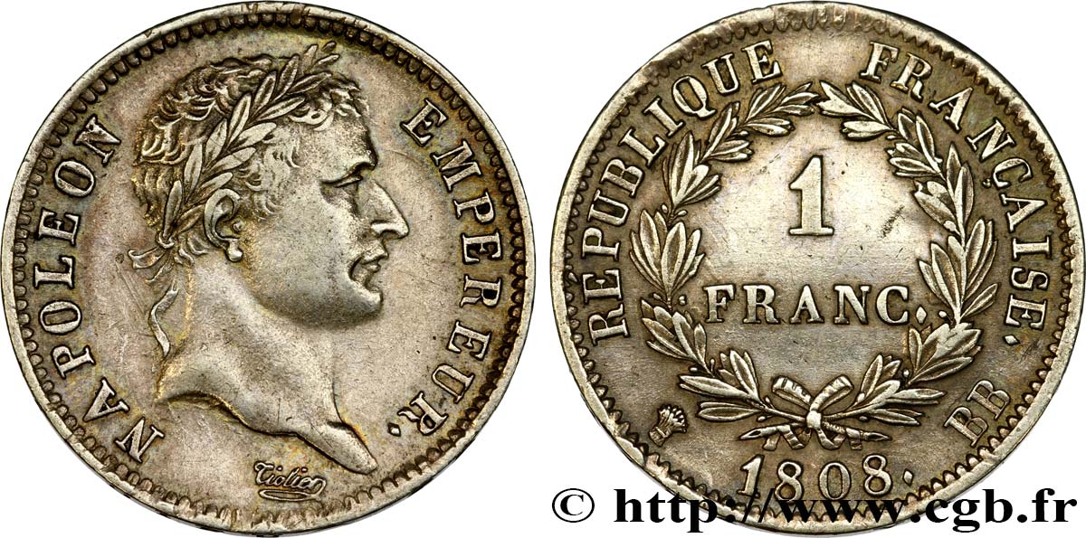 1 franc Napoléon Ier tête laurée, République française 1808 Strasbourg F.204/4 AU52 